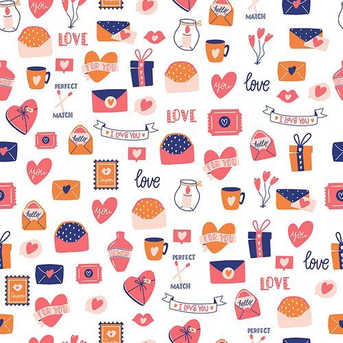 Seamless pattern with big collection of love objects and symbols for Happy Valentine's day. Colorful flat illustration.