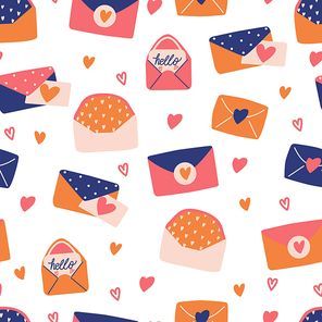 Seamless pattern with big collection of love letters and symbols for Happy Valentine's day. Colorful flat illustration.