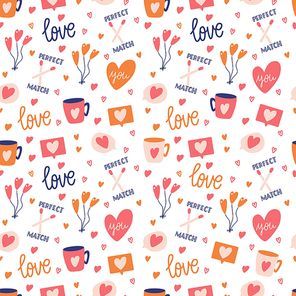 Seamless pattern with big collection of love objects and symbols for Happy Valentine's day. Colorful flat illustration.