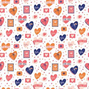 Seamless pattern with big collection of love objects and symbols for Happy Valentine's day. Colorful flat illustration.