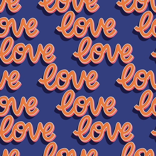 Seamless pattern with hand lettered message love for Happy Valentine's day. Colorful flat illustration.