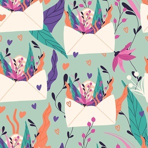 Seamless pattern with big collection of love letters and symbols for Happy Valentine's day. Colorful flat illustration.