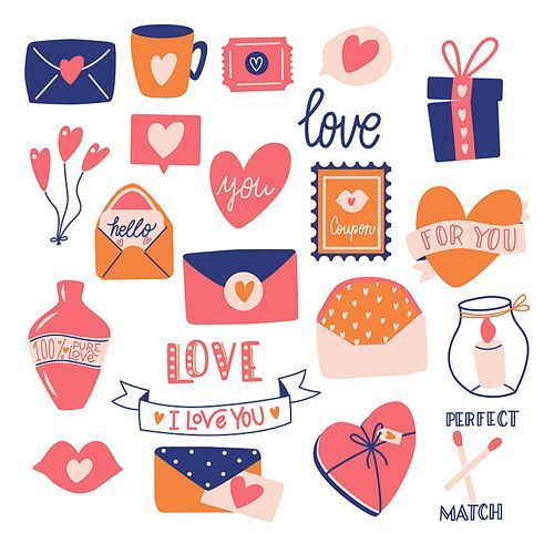 Big collection of love objects and symbols for Happy Valentine's day. Colorful flat illustration.