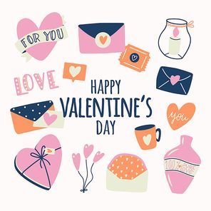 Big collection of love objects and symbols for Happy Valentine's day. Colorful flat illustration.