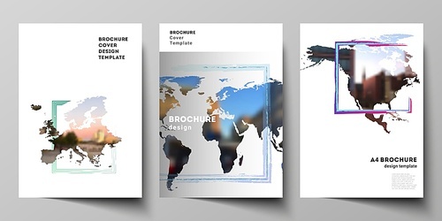 Vector layout of A4 cover mockups templates for brochure, flyer layout, cover design, book design, brochure cover. Design template in the form of world maps and colored frames, insert your photo