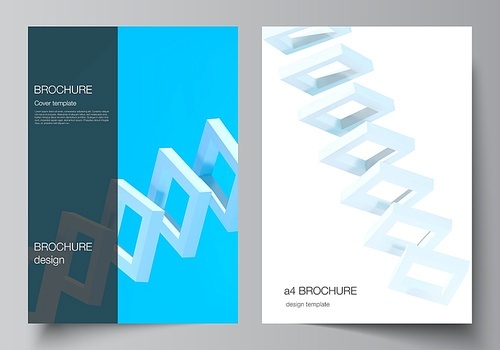 Vector layout of A4 cover mockups templates for brochure, flyer layout, booklet, cover design, book design. 3d render vector composition with dynamic realistic geometric blue shapes in motion