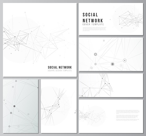 Vector layouts of social network mockups for cover design, website design, website backgrounds or advertising mockups. Gray technology background with connecting lines and dots. Network concept