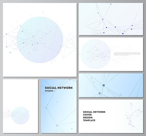 Vector layouts of social network mockups in popular formats for cover design, website design, website backgrounds or advertising mockups. Blue medical background with connecting lines and dots, plexus.