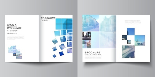 Vector layout of two A4 format cover mockups templates for bifold brochure, flyer, magazine, cover design, book design, brochure cover. Abstract design project in geometric style with blue squares.