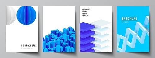 Vector layout of A4 cover mockups templates for brochure, flyer layout, booklet, cover design, book design. 3d render vector composition with dynamic realistic geometric blue shapes in motion