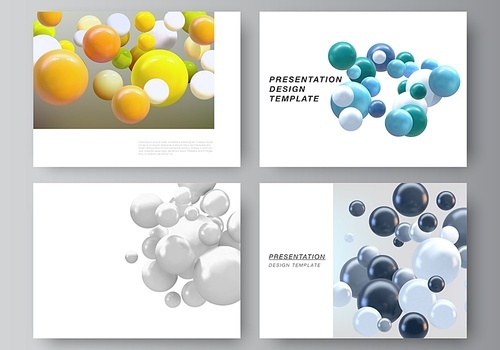 Vector layout of the presentation slides design business templates, multipurpose template for presentation brochure, report. Realistic vector background with multicolored 3d spheres, bubbles, balls