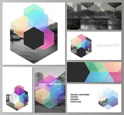 Vector layouts of modern social network mockups in popular formats with colorful hexagons, geometric shapes, tech background for cover design, website design, website backgrounds or advertising mockups