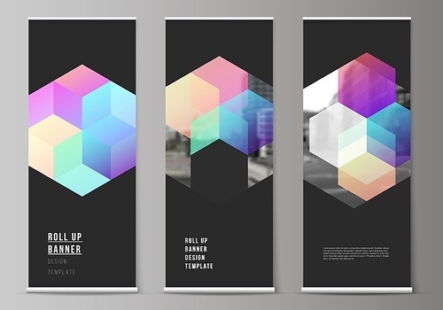 Vector layout of roll up mockup design templates with colorful hexagons, geometric shapes, tech background for vertical flyers, flags design templates, banner stands, advertising design mockups