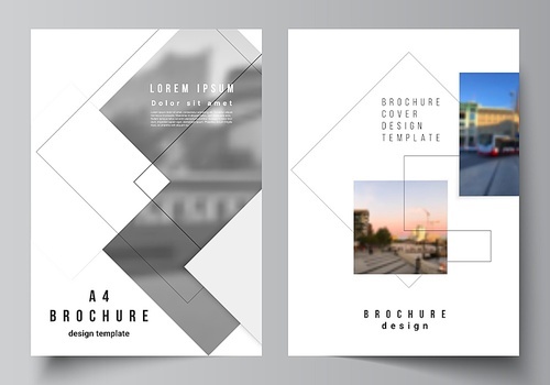 Vector layout of A4 format cover mockups design templates with geometric simple shapes, lines and photo place for brochure, flyer layout, booklet, cover design, book, brochure cover