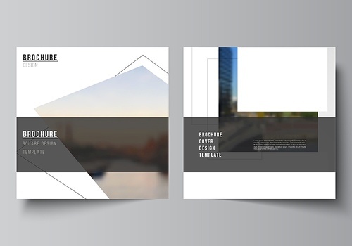 Vector layout of two square format covers design templates with geometric simple shapes, lines and photo place for brochure, flyer, magazine, cover design, book, brochure cover