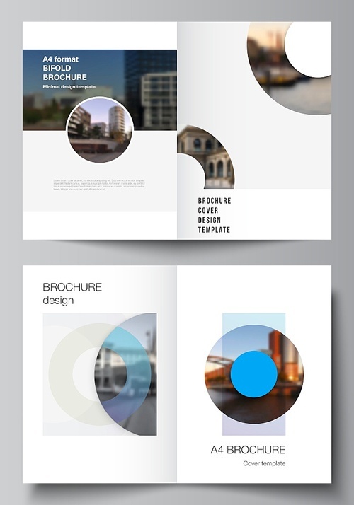 Vector layout of two A4 cover mockups templates for bifold brochure, flyer, magazine, cover design, book design. Background template with rounds, circles for IT, technology. Minimal style