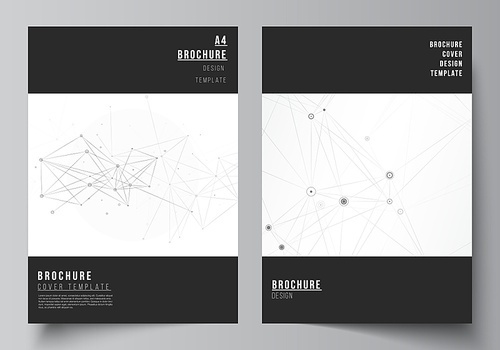 Vector layout of A4 cover mockups templates for brochure, flyer layout, booklet, cover design, book design, brochure cover. Gray technology background with connecting lines and dots. Network concept