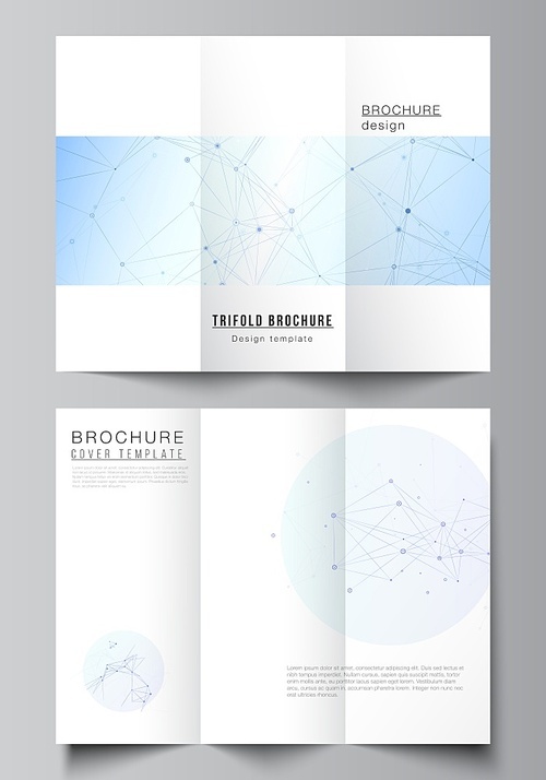 Vector layouts of covers design templates for trifold brochure, flyer layout, magazine, book design, brochure cover, advertising mockups. Blue medical background with connecting lines and dots, plexus.