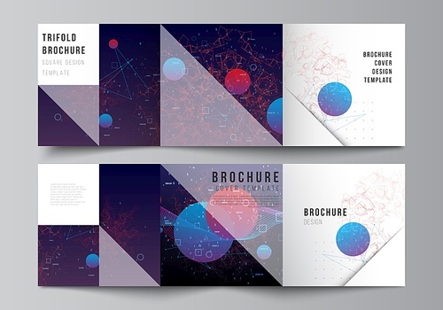 Vector layout of square covers templates for trifold brochure, flyer, cover design, book design, brochure cover. Artificial intelligence, big data visualization. Quantum computer technology concept