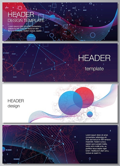 Vector layout of headers, banner templates for website footer design, horizontal flyer design, website header. Artificial intelligence, big data visualization. Quantum computer technology concept