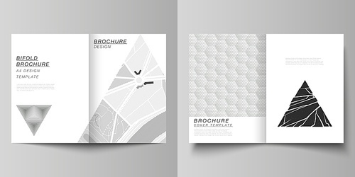 Vector layout of two A4 format modern cover mockups design templates for bifold brochure, flyer, booklet, report. Abstract geometric triangle design background using triangular style patterns.