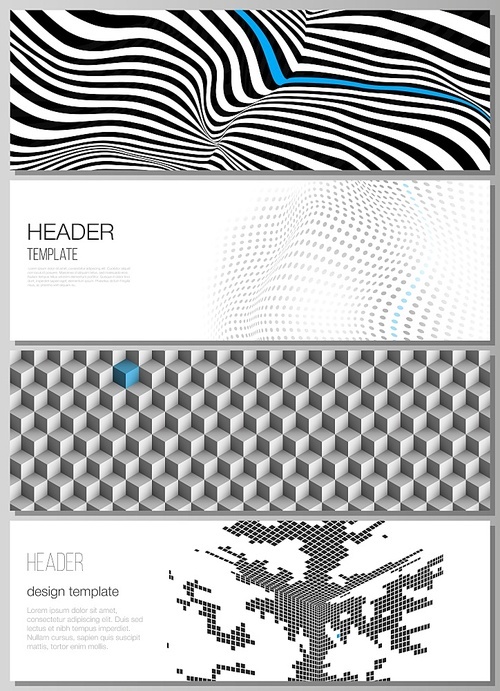 The minimalistic vector illustration of the editable layout of headers, banner design templates. Abstract big data visualization concept backgrounds with lines and cubes