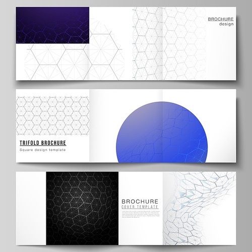 Vector layout of square format covers design templates for trifold brochure. Digital technology and big data concept with hexagons, connecting dots and lines, polygonal science medical background