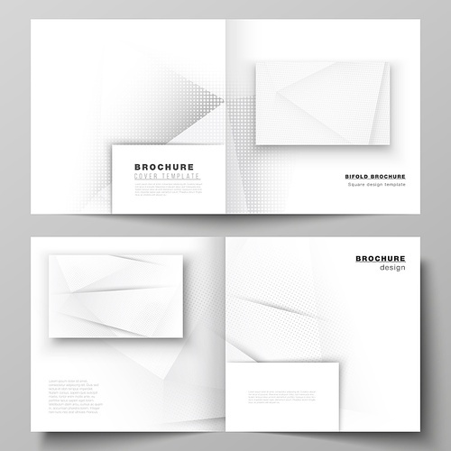 Vector layout of two covers templates for square design bifold brochure, magazine, cover design, book design, brochure cover. Halftone dotted background with gray dots, abstract gradient background.