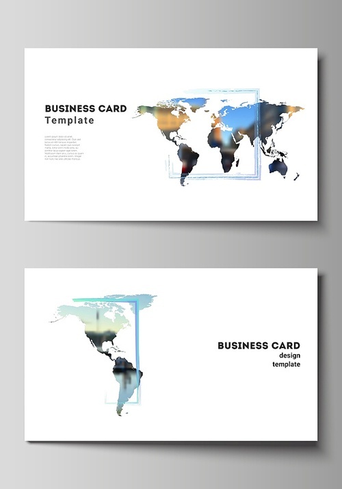 Vector layout of two creative business cards design templates, horizontal template vector design. Design template in the form of world maps and colored frames, insert your photo