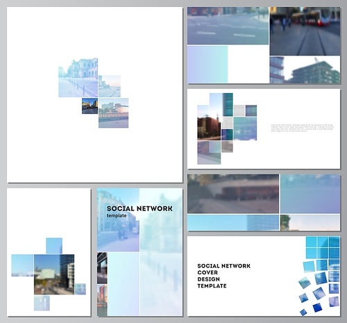 Vector layouts of modern social network mockups in popular formats for cover design, website design, website backgrounds or advertising mockups. Abstract design project in geometric style with blue squares