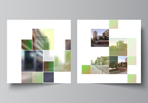 Vector layout of two square format covers design templates for brochure, flyer, magazine, cover design, book design, brochure cover. Abstract project with clipping mask green squares for your photo