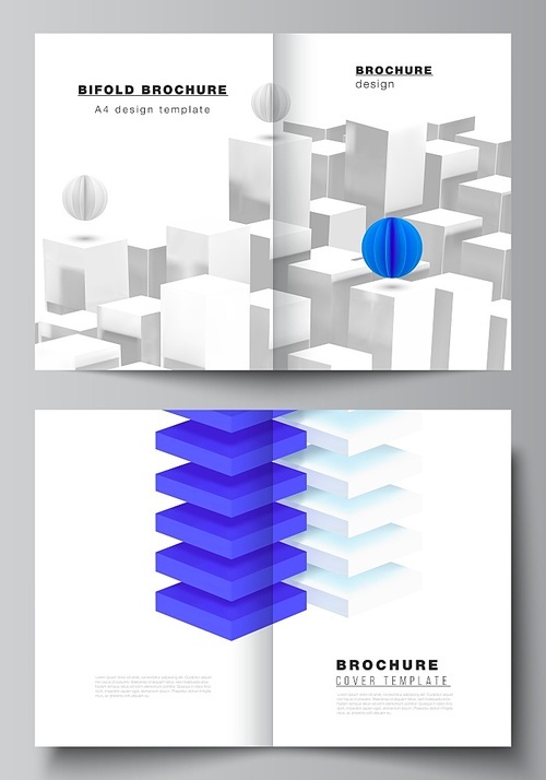 Vector layout of two A4 cover mockups templates for bifold brochure, flyer, magazine, cover design, book design. 3d render vector composition with dynamic realistic geometric blue shapes in motion