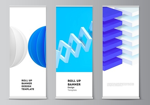 Vector layout of roll up mockup design templates for vertical flyers, flags design templates, banner stands, advertising. 3d render vector composition with dynamic realistic geometric blue shapes
