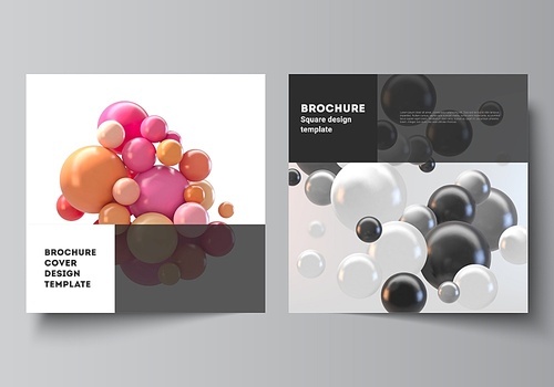 Vector layout of two square covers templates for brochure, flyer, cover design, book design, brochure cover. Abstract vector futuristic background with colorful 3d spheres, glossy bubbles, balls