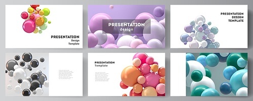 Vector layout of presentation slides design templates, multipurpose template for presentation brochure, business report. Abstract futuristic background with colorful 3d spheres, glossy bubbles, balls