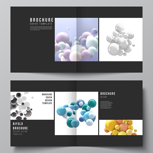 Vector layout of two covers templates for square bifold brochure, flyer, magazine, cover design, book design, brochure cover. Realistic vector background with multicolored 3d spheres, bubbles, balls