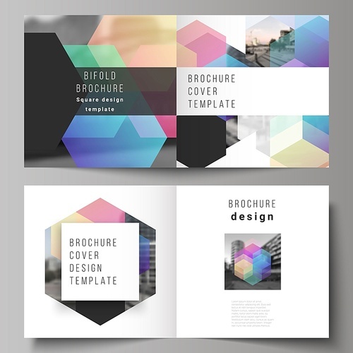 Vector layout of two covers templates with colorful hexagons, geometric shapes, tech background for square design bifold brochure, flyer, magazine, cover design, book design, brochure cover