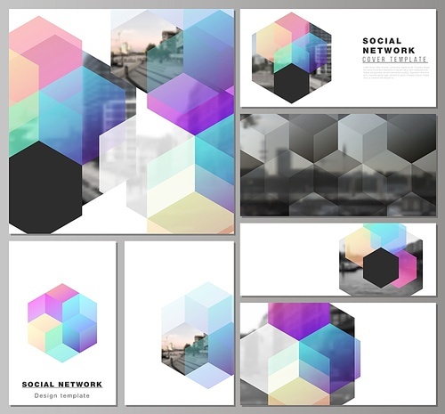 Vector layouts of modern social network mockups in popular formats with colorful hexagons, geometric shapes, tech background for cover design, website design, website backgrounds or advertising mockups