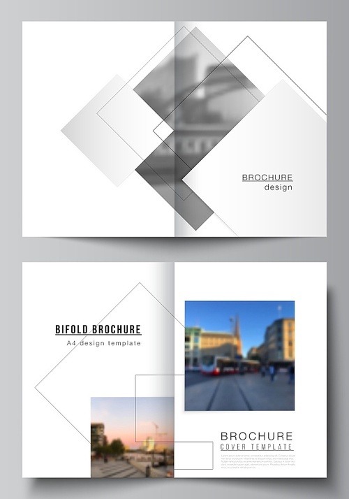 Vector layout of two A4 format cover mockups design templates with geometric simple shapes, lines and photo place for bifold brochure, flyer, magazine, cover design, book, brochure cover