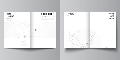 Vector layout of two A4 cover mockups templates for bifold brochure, flyer, magazine, cover design, book design. Gray technology background with connecting lines and dots. Network concept