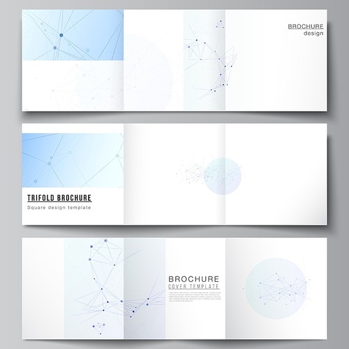 Vector layout of square format covers templates for trifold brochure, flyer, magazine, cover design, book design, brochure cover. Blue medical background with connecting lines and dots, plexus