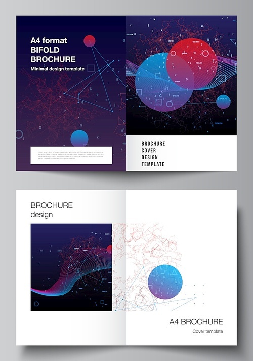 Vector layout of two A4 cover mockups templates for bifold brochure, flyer, magazine, cover design, book design. Artificial intelligence, big data visualization. Quantum computer technology concept