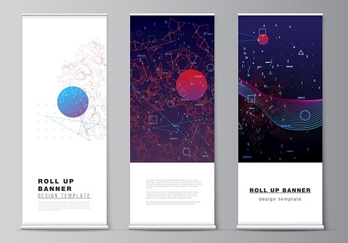 Vector layout of roll up mockup templates for vertical flyers, flags design templates, banner stands, advertising. Artificial intelligence, big data visualization. Quantum computer technology concept
