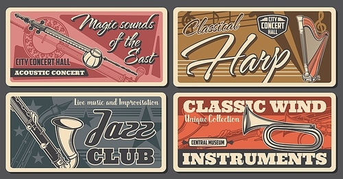 Classical and jazz music concert retro banners. Kamancheh and classic harp, bugle, saxophone and shamisen engraved vector. Acoustic concert with oriental music instruments, jazz club and museum poster