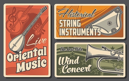 Musical instruments of classic, ethnic and oriental music retro design. Vector tube, saz, tanbur and tar, harp and cimbalom, string and wind musical instrument invitation banners of music concert