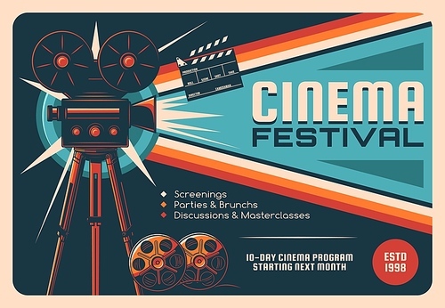 Cinema festival, cinematography industry retro poster. Old movie camera on tripod, movie theater projector and film reel, clapperboard vector. Cinema fest invitation card, event program vintage banner