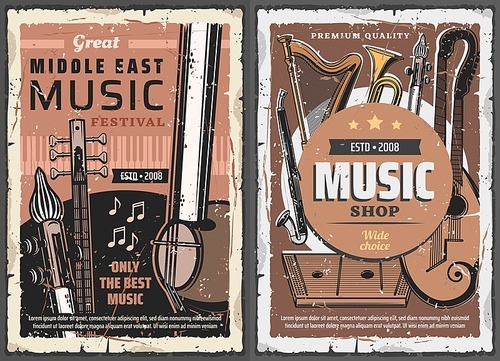 Music shop, middle east music, vector vintage instruments kemanche, guitar with two vultures and alto clarinet with trumpet, harp and gusle. Musical store professional musician rare instruments poster