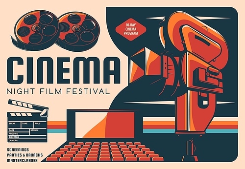 Cinema night film festival vector retro poster with movie theatre hall, vintage video camera, film reel and clapper board. Cinema program, cinematography entertainment industry, old camcorder