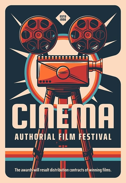 Cinema authorial films festival retro poster. Old cinema camera with reels on tripod, vintage typography engraved vector. Arthouse films festival promo banner, art conquest award ceremony invitation