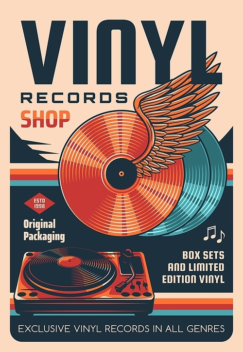 Vinyl records shop vector retro poster. Winged vinyl discs, DJ records turntable. Old music records store, audiophile hobby shop promo banner with audio playback equipment and vintage typography